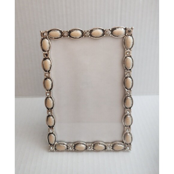 LNT Home Picture Frame Back Stand Silver Tone Ivory Rhinestones - Picture 3 of 7